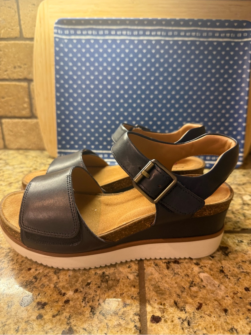 Clarks Navy Platform Wedge Sandals with Velcro/Buckle strap - Picture 8 of 9